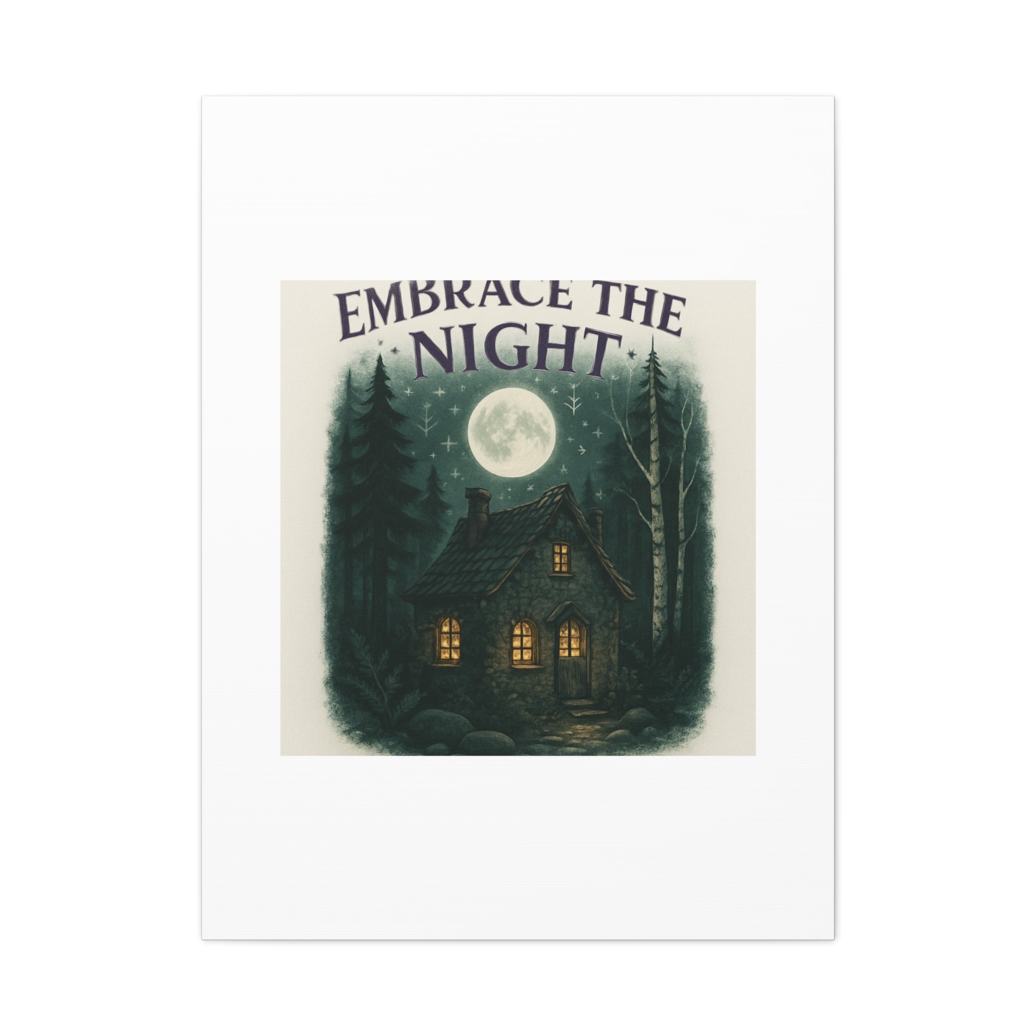 Embrace the Night Cottage Canvas Print — Moonlit Forest Wall Art