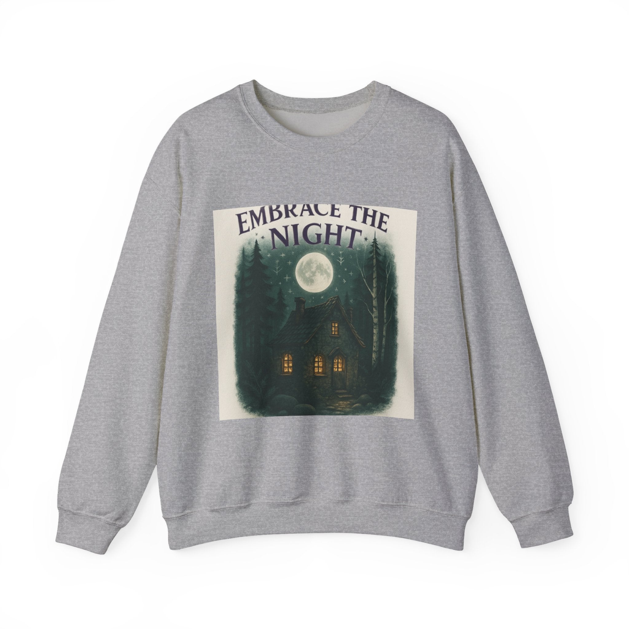 Embrace the Night Sweatshirt - Moonlit Cabin Forest Cozy Crewneck