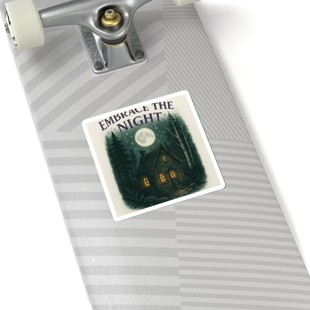 Embrace the Night Sticker — Moonlit Cabin Kiss-Cut Sticker