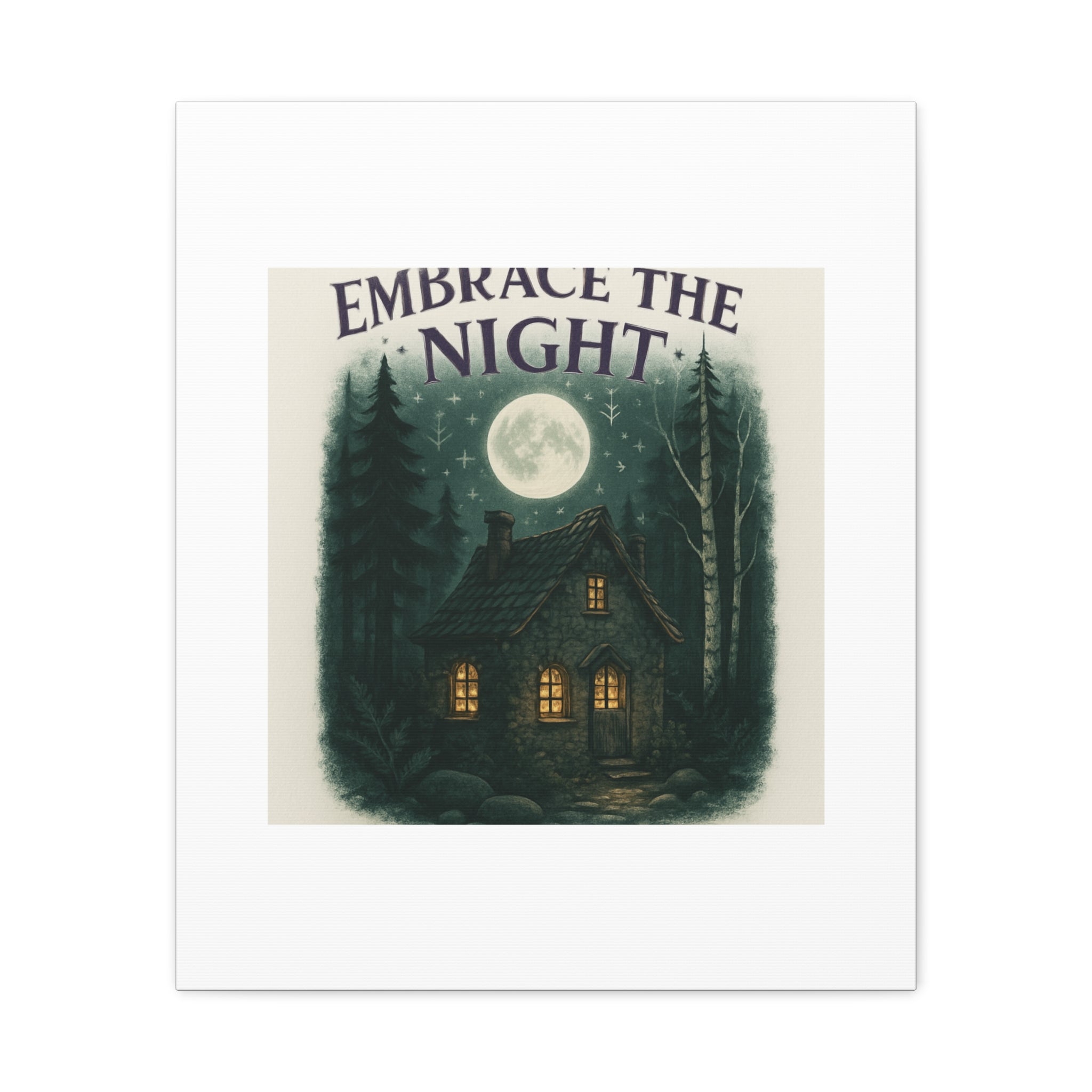 Embrace the Night Cottage Canvas Print — Moonlit Forest Wall Art