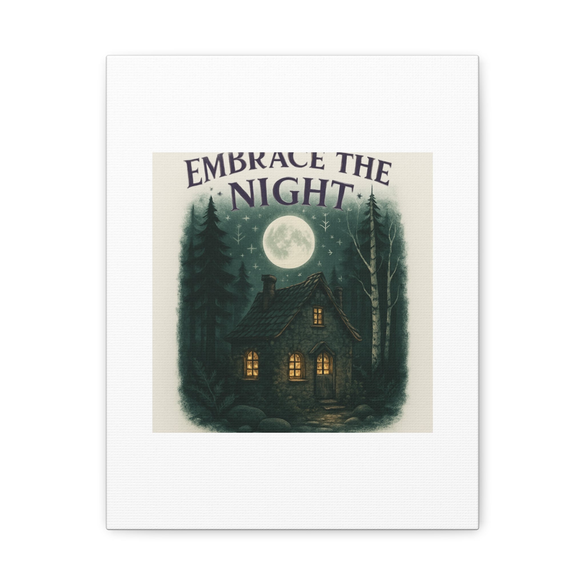 Embrace the Night Cottage Canvas Print — Moonlit Forest Wall Art