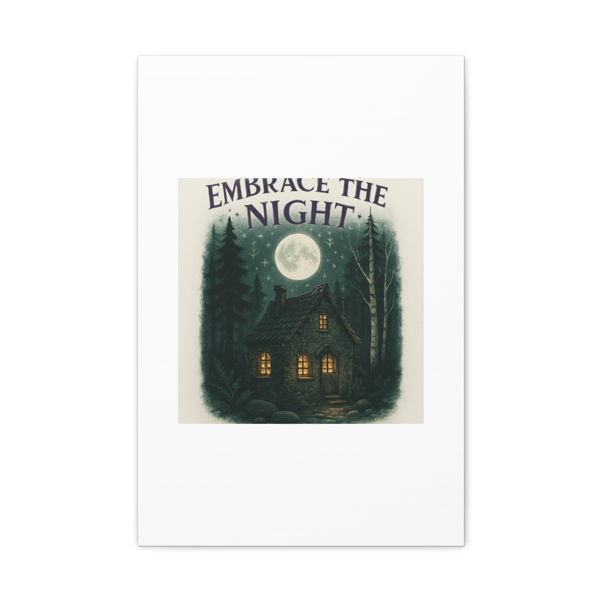 Embrace the Night Cottage Canvas Print — Moonlit Forest Wall Art
