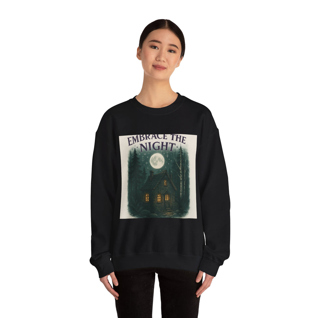 Embrace the Night Sweatshirt - Moonlit Cabin Forest Cozy Crewneck