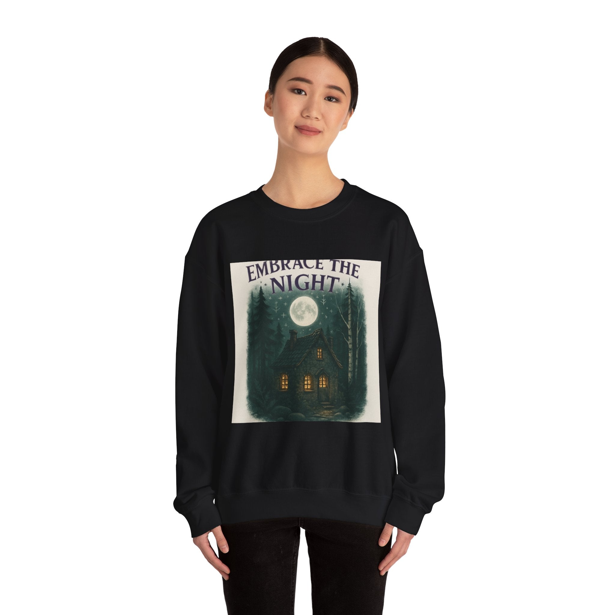 Embrace the Night Sweatshirt - Moonlit Cabin Forest Cozy Crewneck