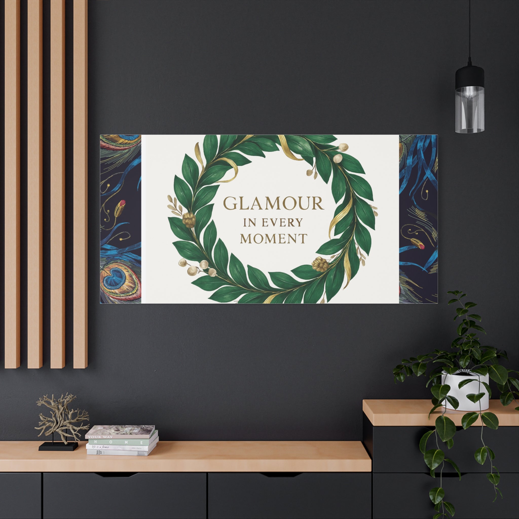 Canvas Wall Art - 'Glamour in Every Moment' Green Laurel Wreath