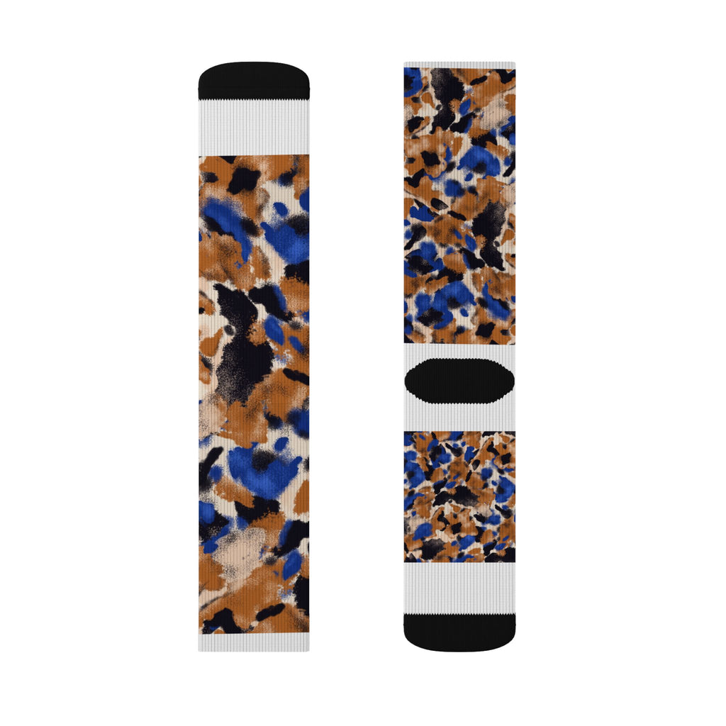 Camo Abstract Sublimation Socks — Blue & Brown Patterned Crew Socks