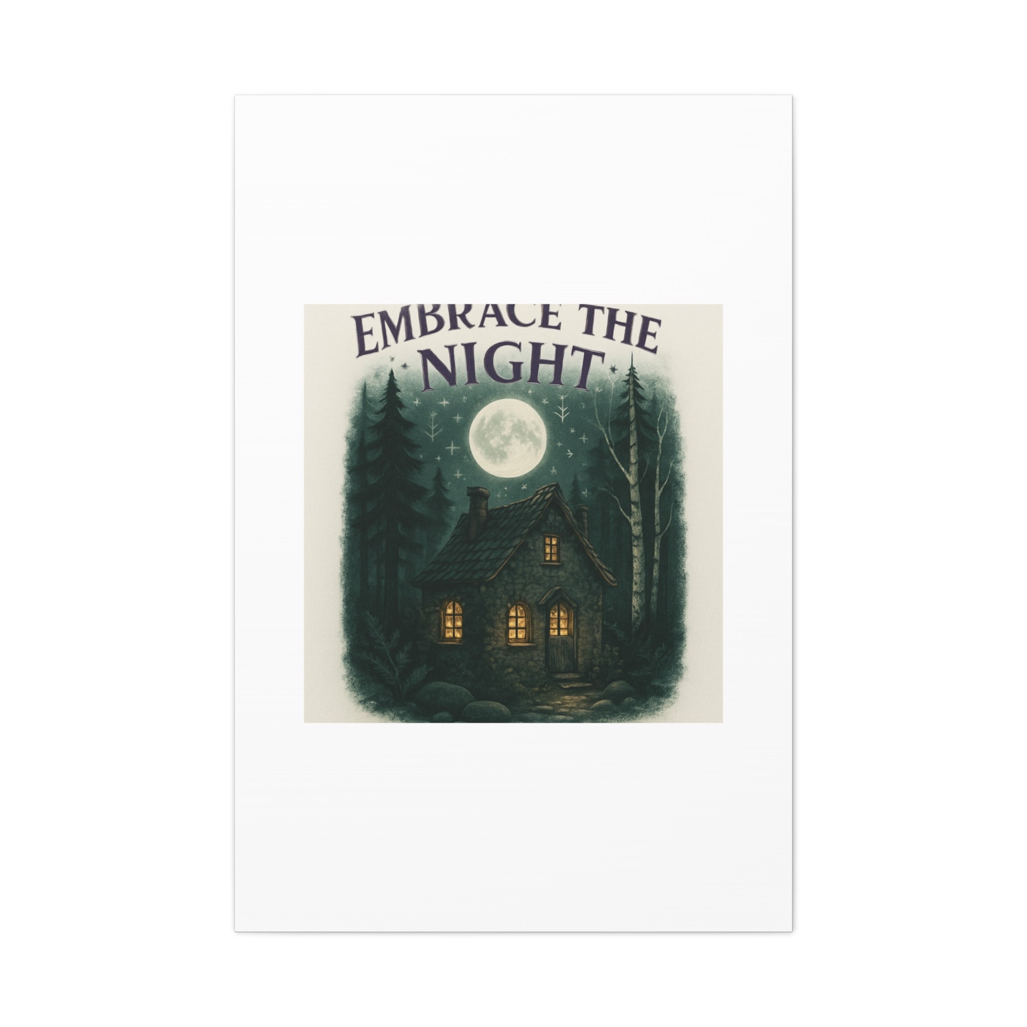 Embrace the Night Cottage Canvas Print — Moonlit Forest Wall Art
