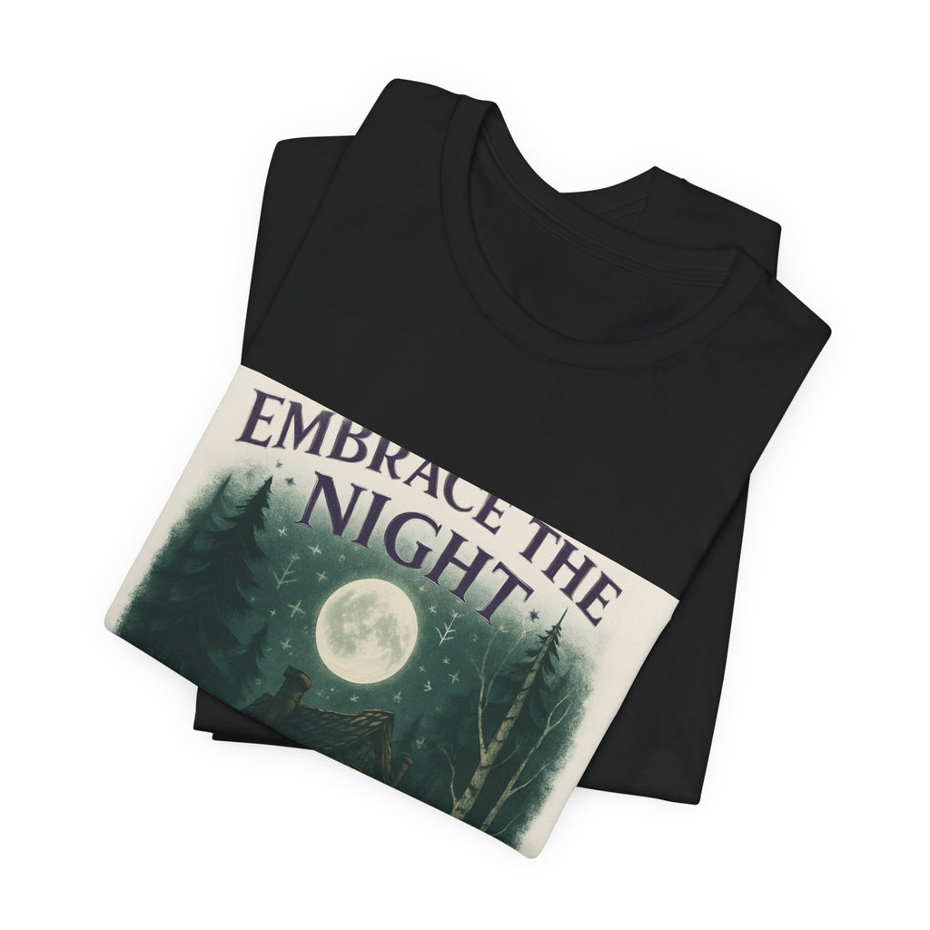 Embrace the Night Tee — Moonlit Cabin Graphic T-Shirt