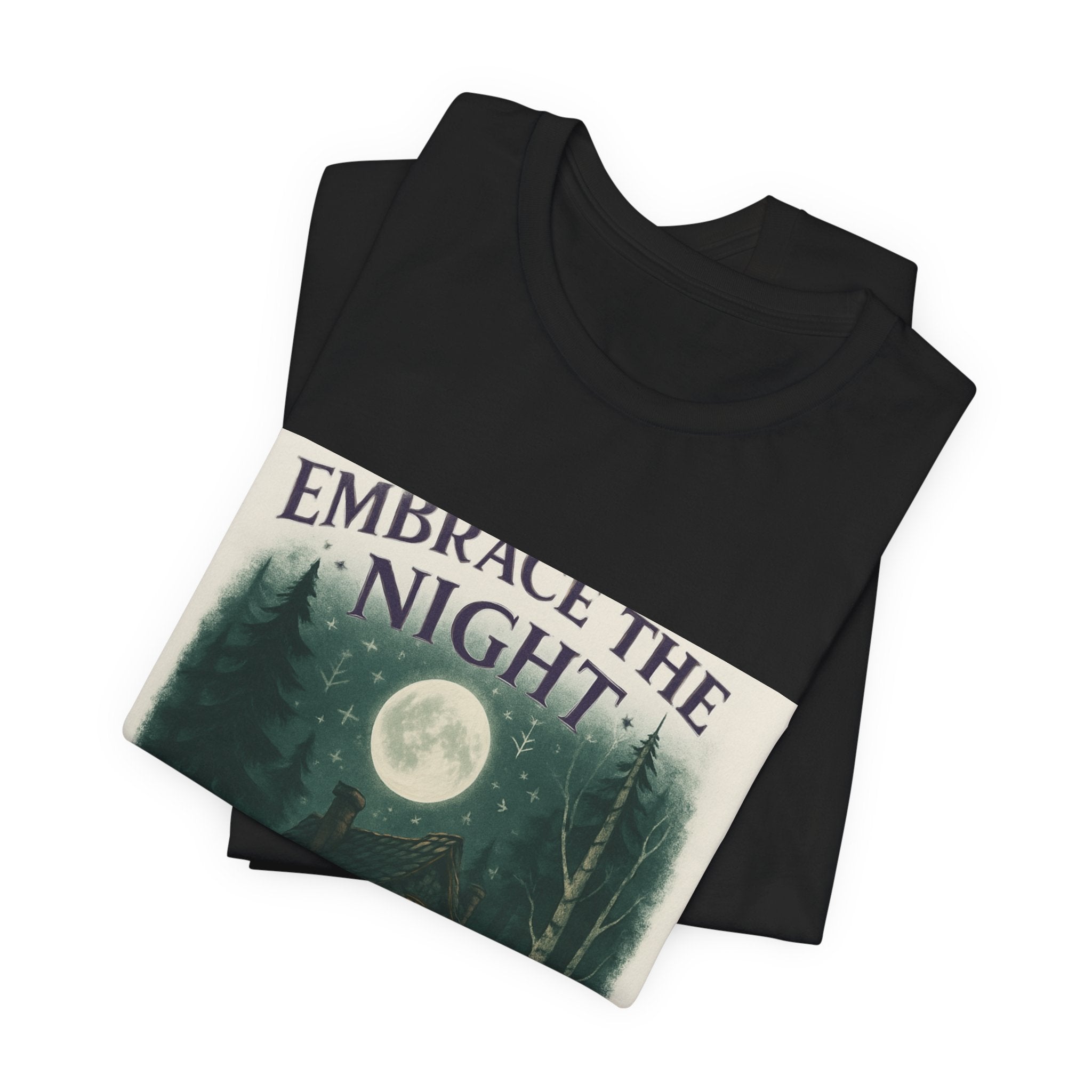 Embrace the Night Tee — Moonlit Cabin Graphic T-Shirt