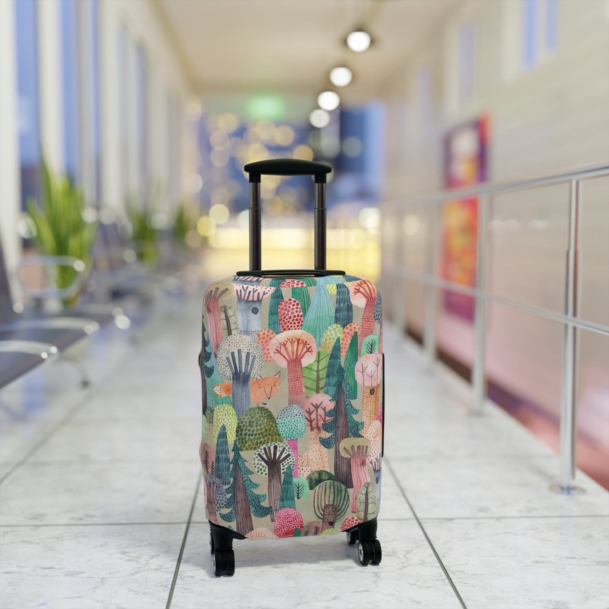 Colorful Forest Pattern Luggage Cover — Whimsical Trees & Fox Travel Protector