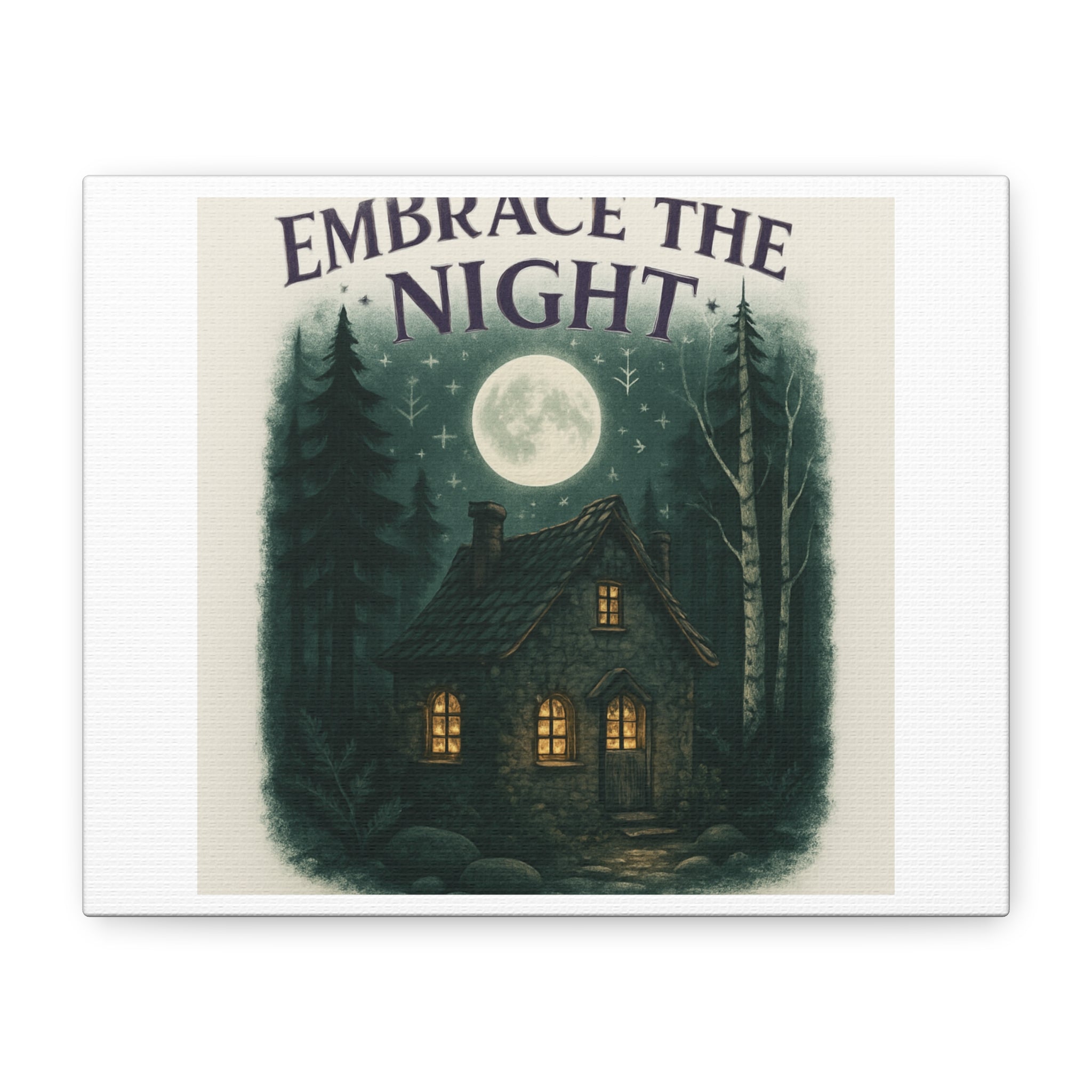 Embrace the Night Cottage Canvas Print — Moonlit Forest Wall Art