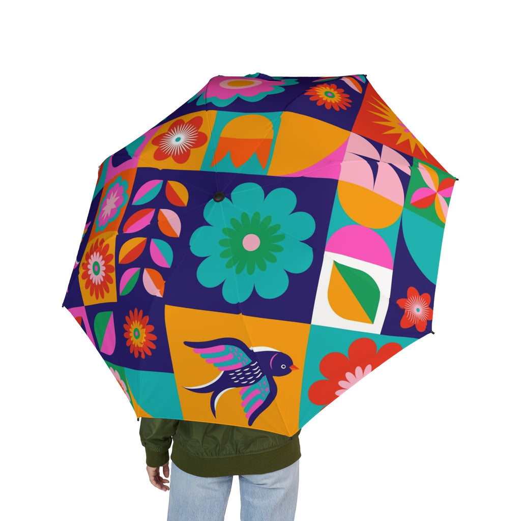 Foldable Umbrella — Colorful Retro Floral & Bird Print, Compact Semi-Automatic Travel Umbrella