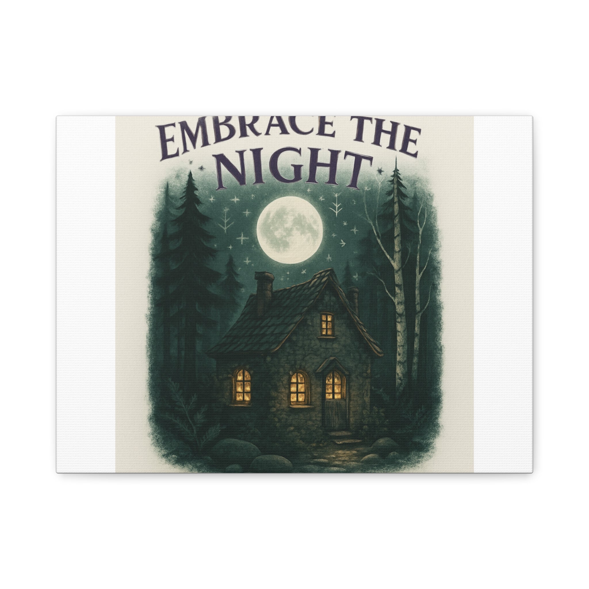 Embrace the Night Cottage Canvas Print — Moonlit Forest Wall Art