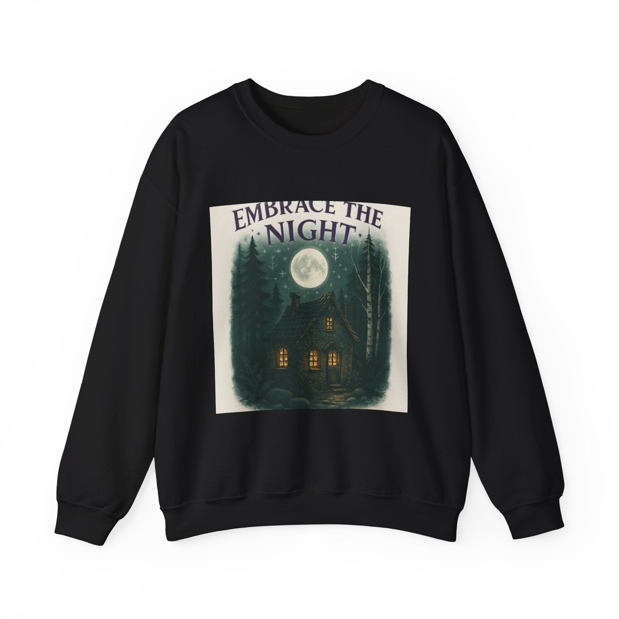 Embrace the Night Sweatshirt - Moonlit Cabin Forest Cozy Crewneck