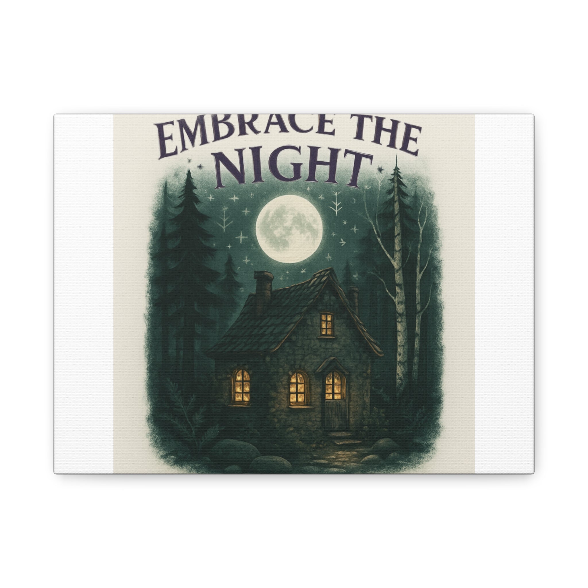 Embrace the Night Cottage Canvas Print — Moonlit Forest Wall Art