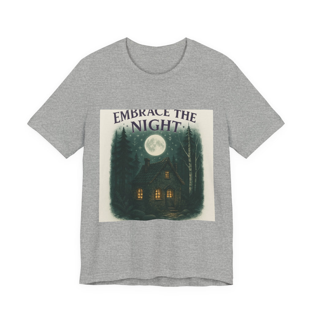 Embrace the Night Tee — Moonlit Cabin Graphic T-Shirt