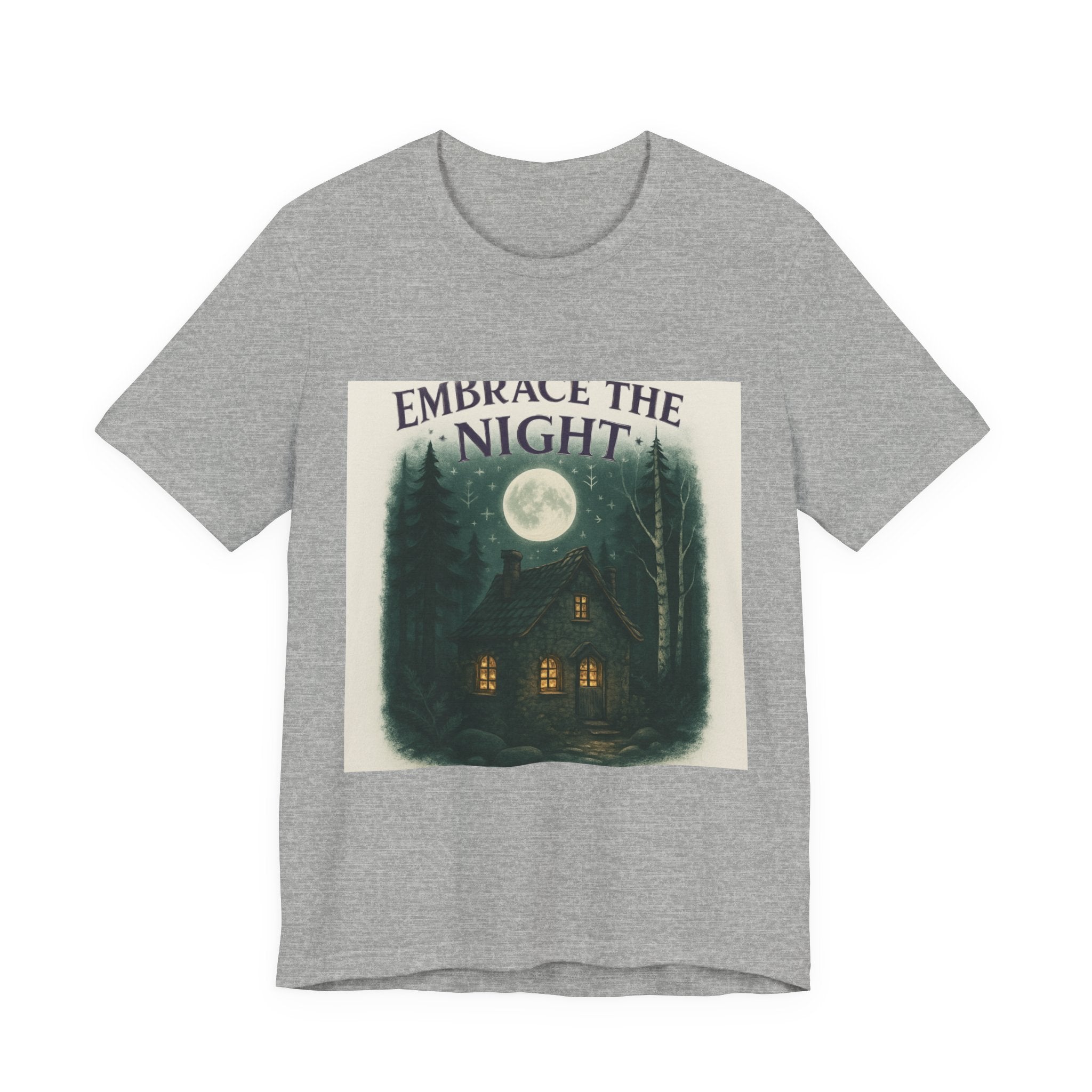 Embrace the Night Tee — Moonlit Cabin Graphic T-Shirt