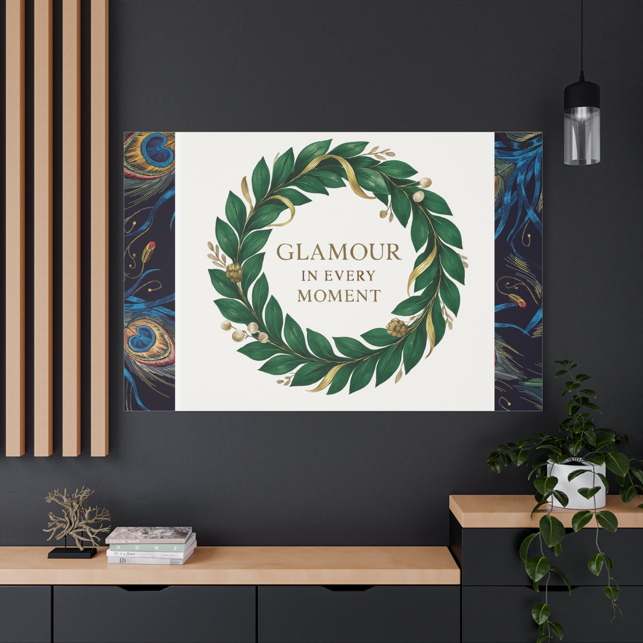 Canvas Wall Art - 'Glamour in Every Moment' Green Laurel Wreath