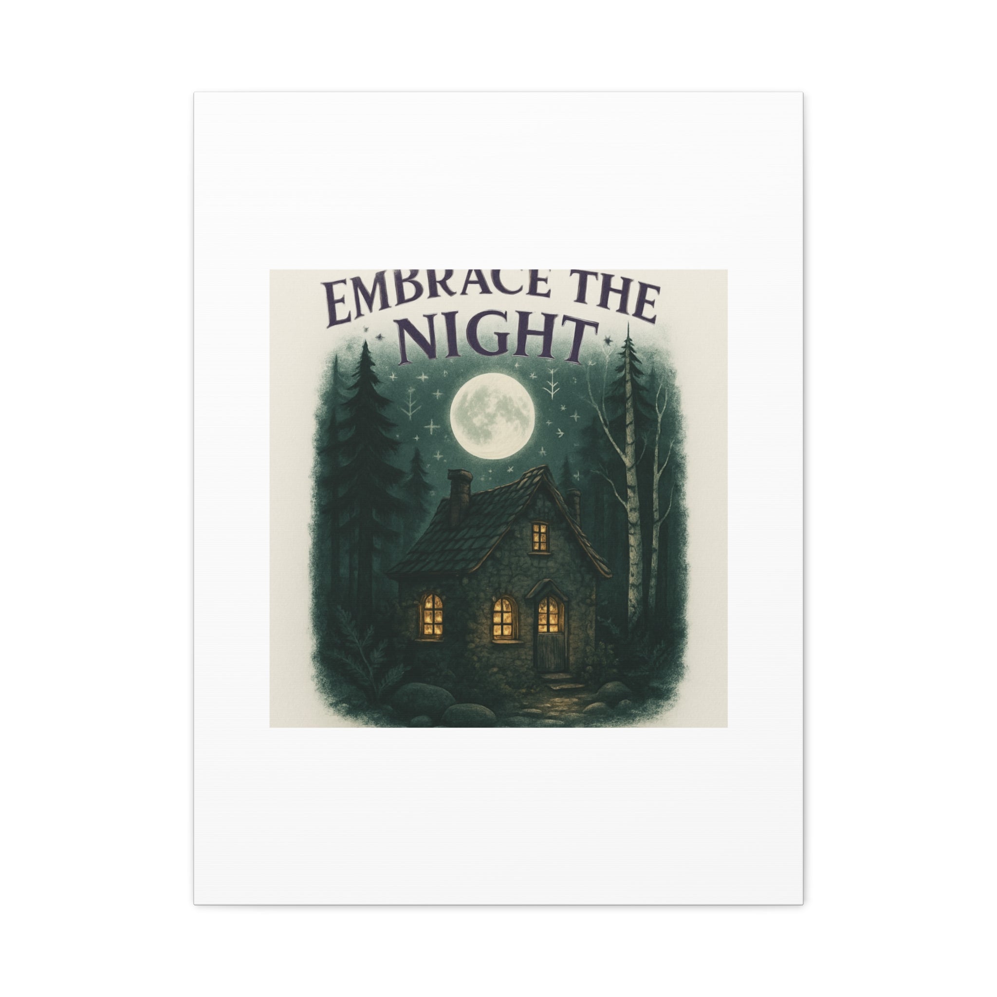 Embrace the Night Cottage Canvas Print — Moonlit Forest Wall Art