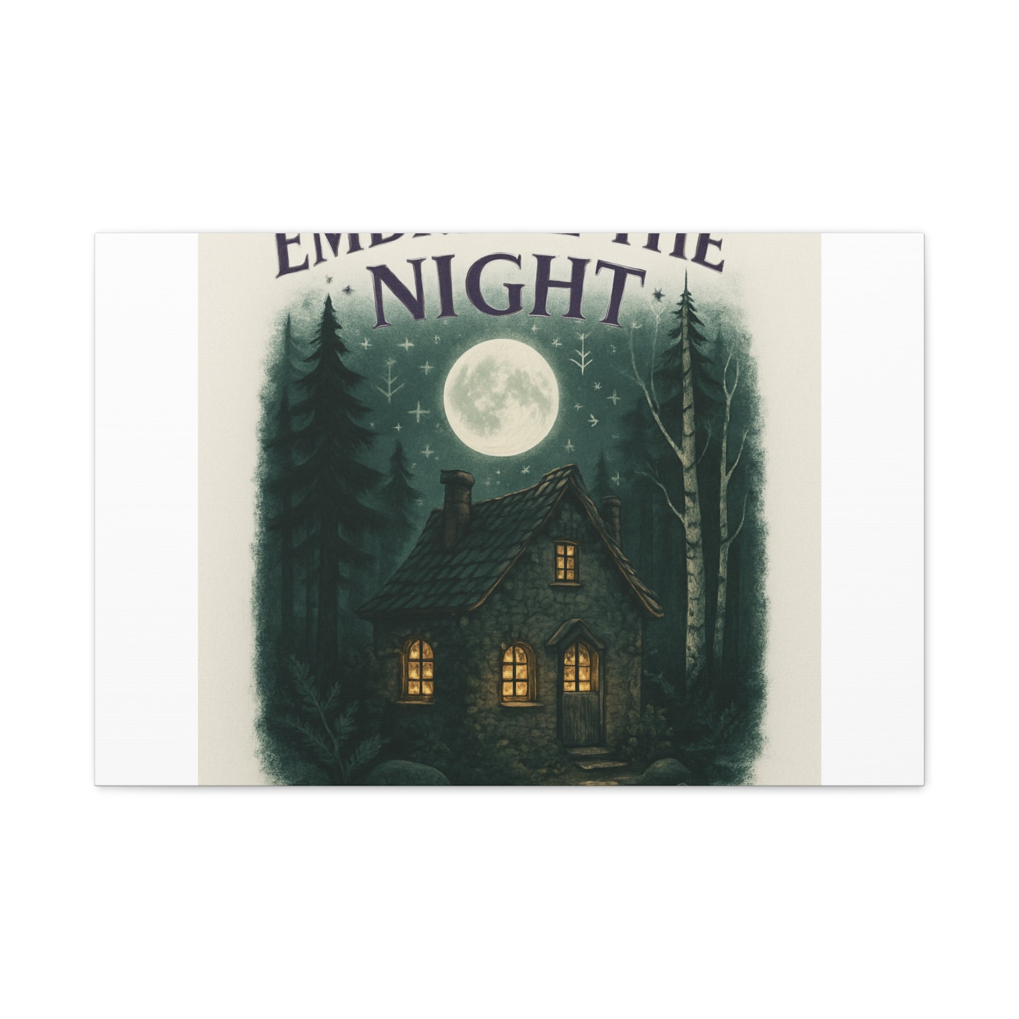 Embrace the Night Cottage Canvas Print — Moonlit Forest Wall Art
