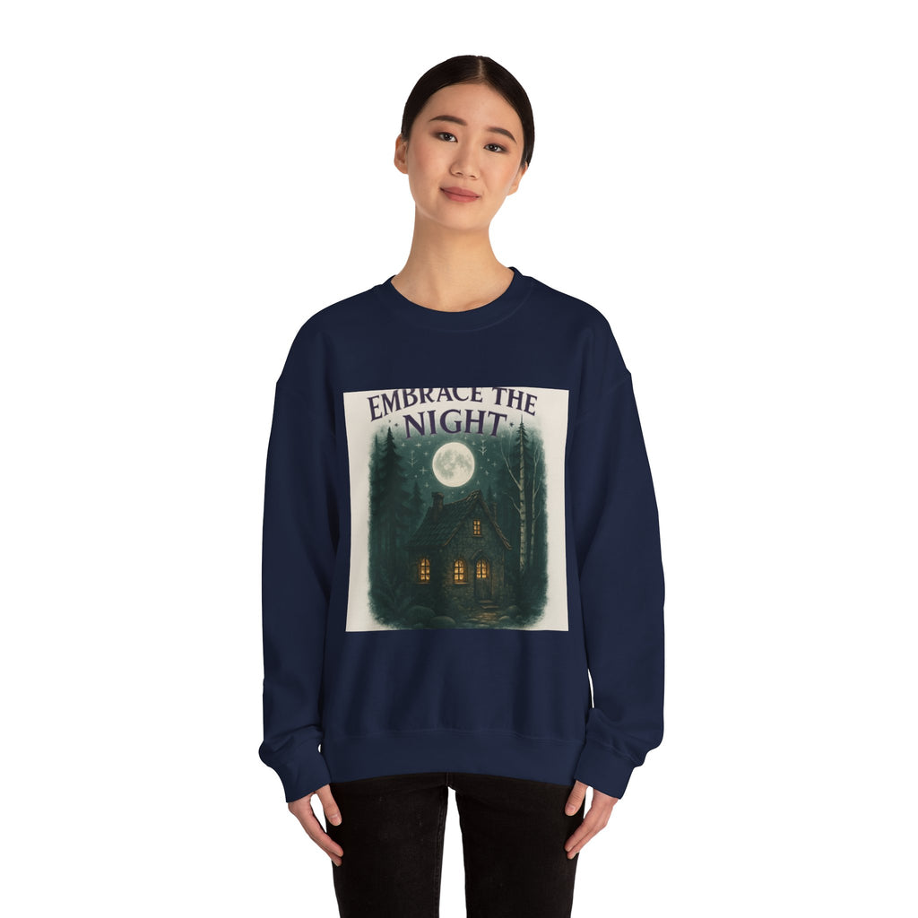 Embrace the Night Sweatshirt - Moonlit Cabin Forest Cozy Crewneck