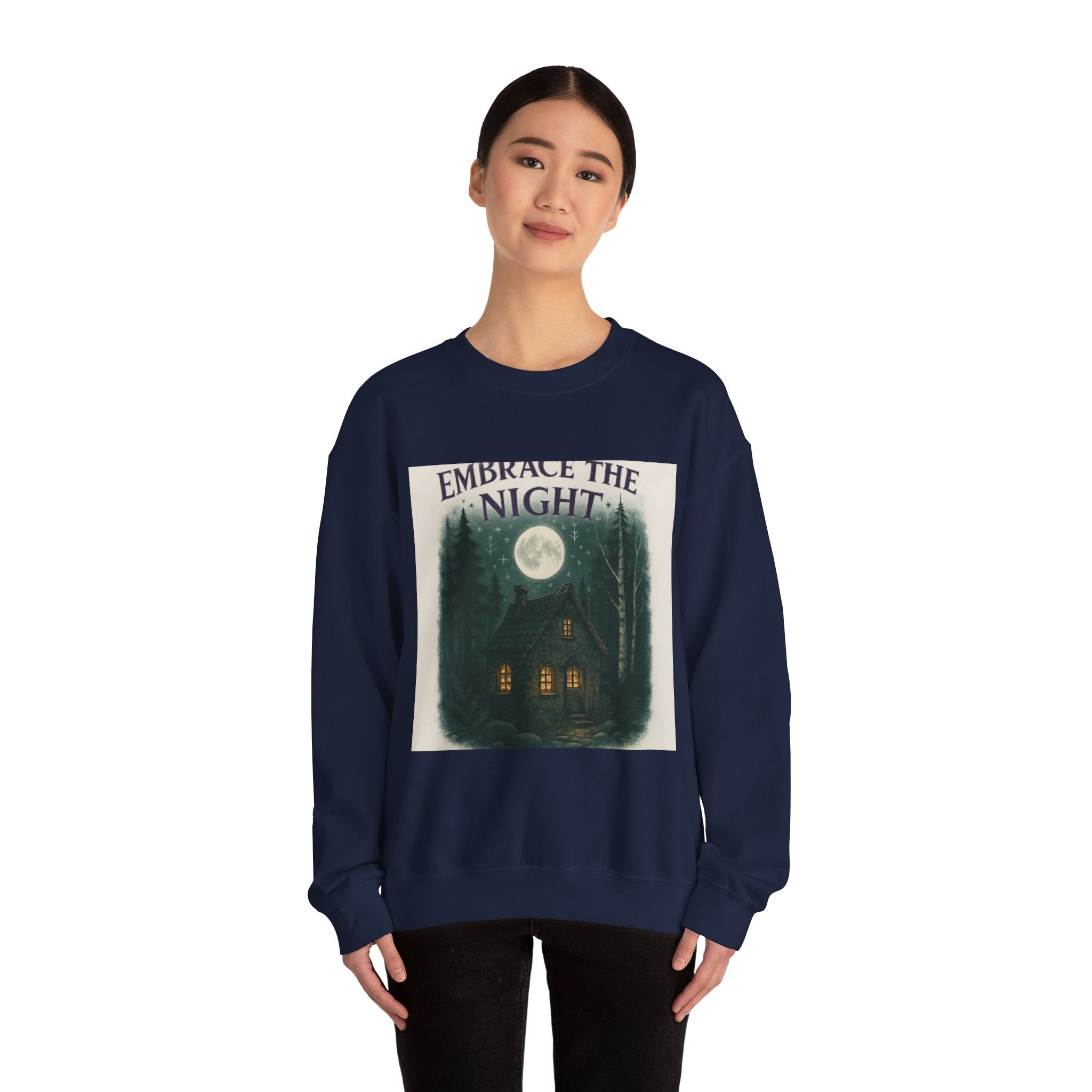 Embrace the Night Sweatshirt - Moonlit Cabin Forest Cozy Crewneck